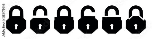 Set of Silhouette of locked and unlocked padlock. Flat vector 10 eps. Lock icon set. Padlock open and closed. Locked and unlocked icon. Security symbol. Vector illustration.