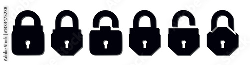 Set of Silhouette of locked and unlocked padlock. Flat vector 10 eps. Lock icon set. Padlock open and closed. Locked and unlocked icon. Security symbol. Vector illustration.