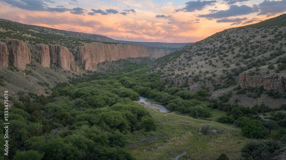 Serene Sunset over Canyon River Valley Landscape Serene Sunset over Canyon River Valley Landscape