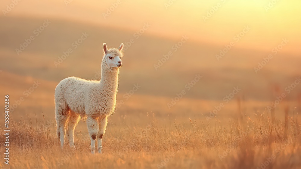 White Alpaca in Golden Sunset Field White Alpaca in Golden Sunset Field