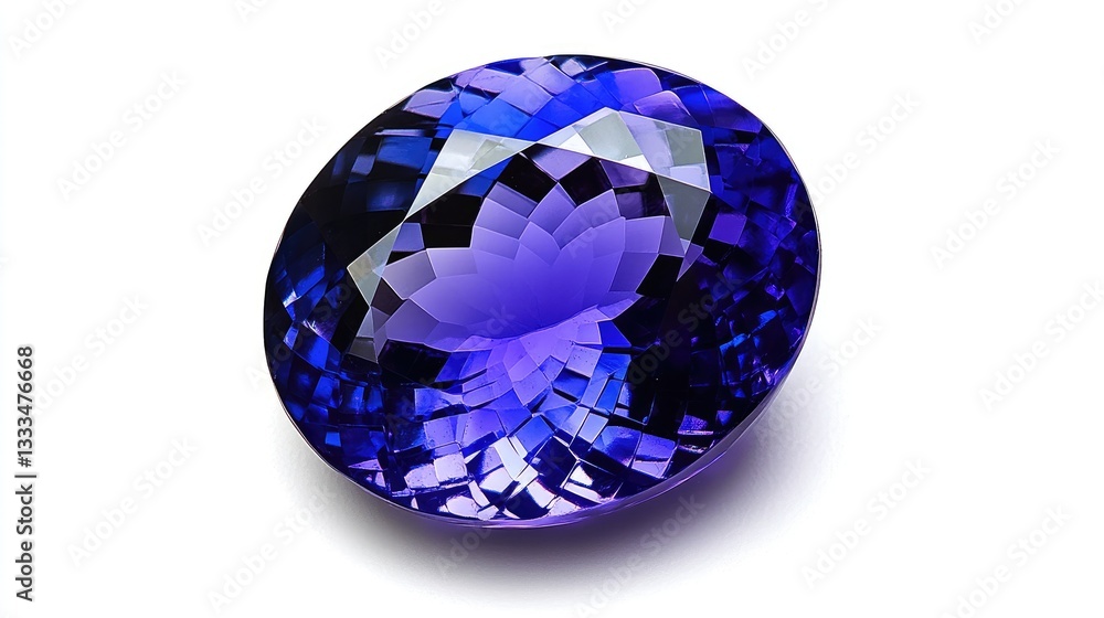 A stunning faceted tanzanite gemstone displaying its deep violet-blue brilliance, showcased on a pure white background. A stunning faceted tanzanite gemstone displaying its deep violet-blue brilliance, showcased on a pure white background.