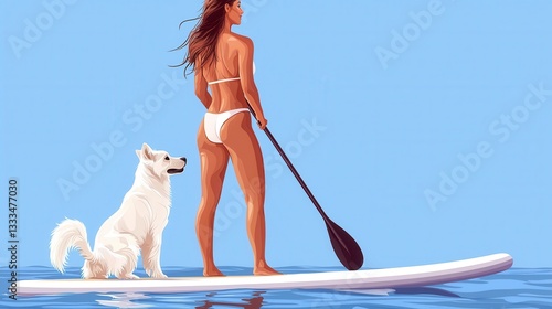 A captivating image showcasing a Woman standing on a paddleboard, balancing with ease, symbolizing personal strength and resilience against the tranquil backdrop of a vast ocean The serene blue