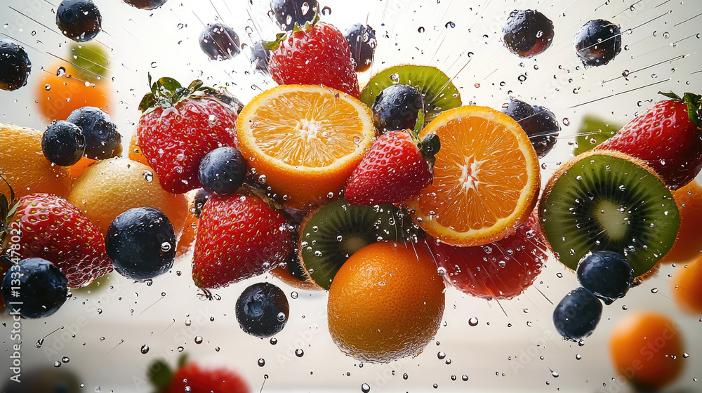Fresh fruits splashing in water, including strawberries, oranges, and blueberries, create vibrant and lively scene Fresh fruits splashing in water, including strawberries, oranges, and blueberries, create vibrant and lively scene