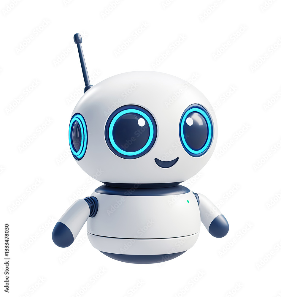 Illustration of a white robot with blue eyes isolated on a transparent background Illustration of a white robot with blue eyes isolated on a transparent background