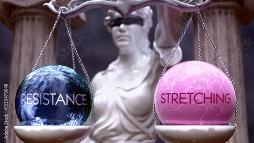 Resistance or Stretching as a choice, two options to choose from. Greek statue presenting two alternatives: resistance or stretching, weighing their values. Looking at pros and cons. ,3d illustration