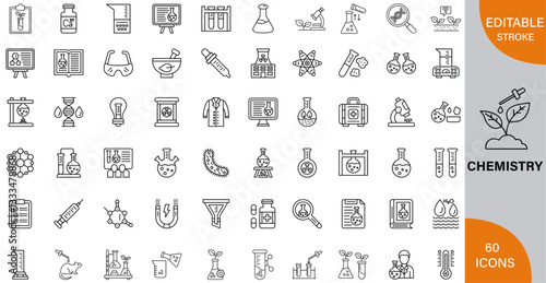 Chemistry, Elements, Reactions & Scientific Discoveries icon pack | Detailed Outline | Editable Stoke 60 icon | Victor illustrator.