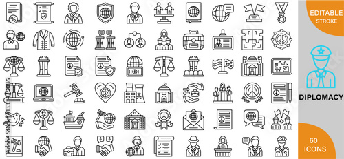 Diplomacy, International Relations, Strategies & Global Affairs icon pack | Detailed Outline | Editable Stoke 60 icon | Victor illustrator.