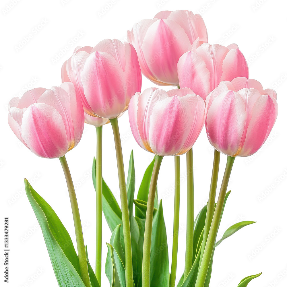 Fototapeta premium Closeup view of vibrant pink tulips showcasing delicate petals against a clean Transparent background, Closeup view several pink tulips isolated on PNG background