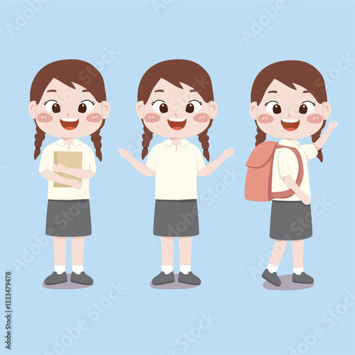 vector illustration of set of girl character back to school, holding a book, bring school bag , suited for school purpose, education, promotion, children book