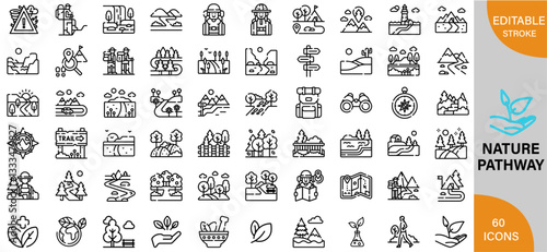 Natural Pathways, Exploring Trails, Eco-Friendly Routes & Outdoor Adventures icon pack | Detailed Outline | Editable Stoke 60 icon | Victor illustrator.