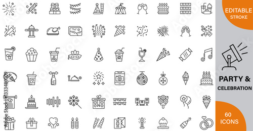 Party Planning, Themes, Decorations & Entertainment Ideas icon pack | Detailed Outline | Editable Stoke 60 icon | Victor illustrator.