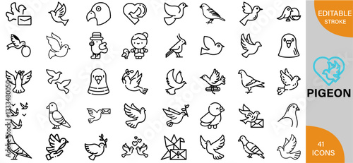 Pigeon, Facts, Breeds, Behavior & Care Guide icon pack | Detailed Outline | Editable Stoke 60 icon | Victor illustrator.