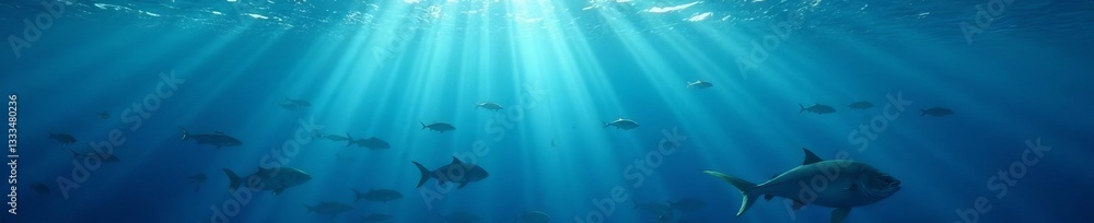 Fototapeta premium Peaceful seascape with serene blue waters and shoals of shimmering fish swimming, relaxation, marine environment