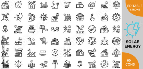 Solar Energy, Benefits, Technology & Renewable Power Solutions icon pack | Detailed Outline | Editable Stoke 60 icon | Victor illustrator.