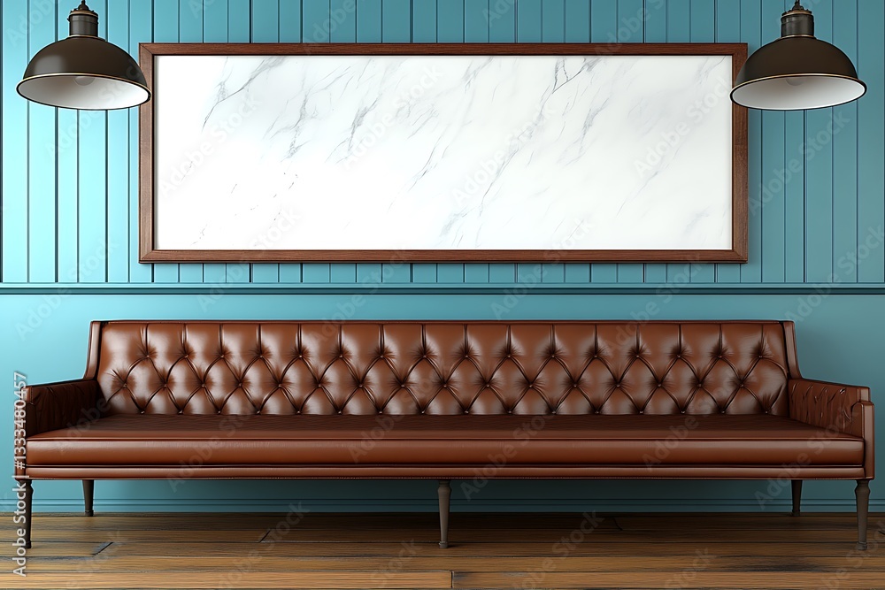 A brown leather sofa beneath a wall art and lamps A brown leather sofa beneath a wall art and lamps
