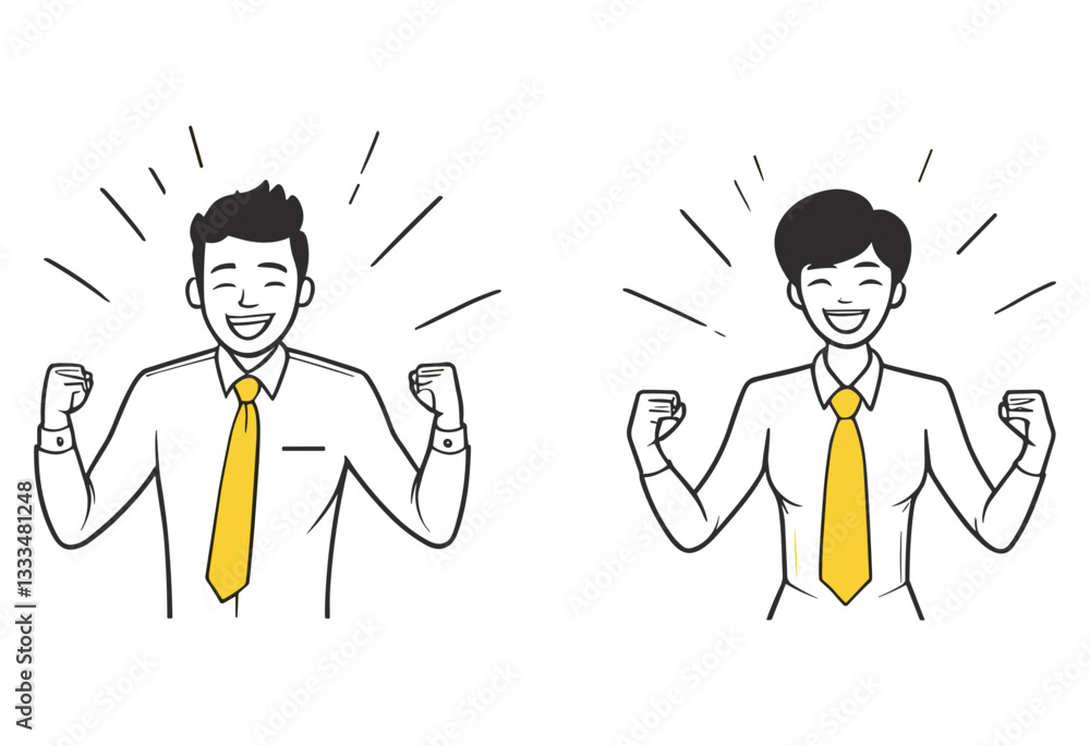 Two people are smiling and wearing ties. They are happy and excited. The man is wearing a yellow tie and the woman is wearing a yellow tie Two people are smiling and wearing ties. They are happy and excited. The man is wearing a yellow tie and the woman is wearing a yellow tie
