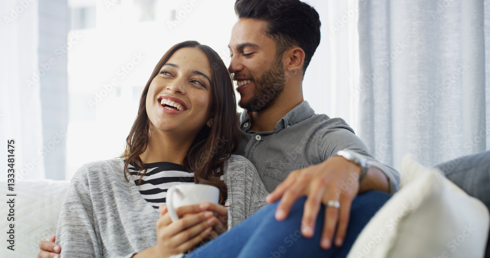 Happy, relax and couple with coffee in home for conversation, bonding and chill together. Living room, dating and man hug woman with drink on sofa for relationship, affection and embrace for love Happy, relax and couple with coffee in home for conversation, bonding and chill together. Living room, dating and man hug woman with drink on sofa for relationship, affection and embrace for love