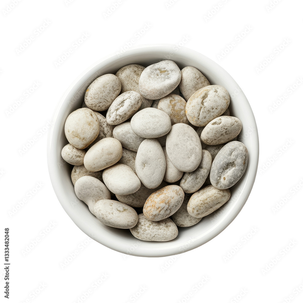 Obraz premium Jobs tears in a white bowl, isolated on a bright Transparent background, showcasing unique textures and colors of the seeds, Job s tears in white bowl isolated on PNG background