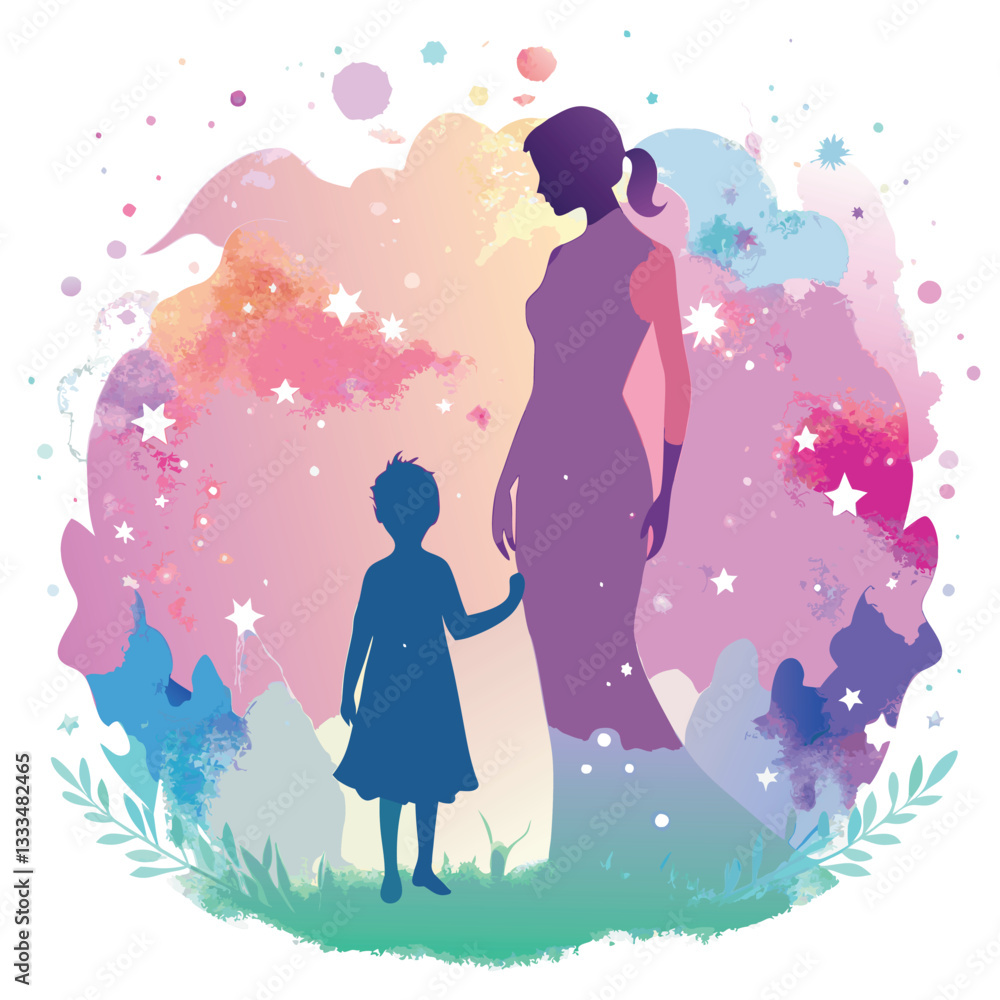 Mother and Daughter, Mother and Son Silhouette with Heart in Romantic Valentine's Day Design Mother and Daughter, Mother and Son Silhouette with Heart in Romantic Valentine's Day Design