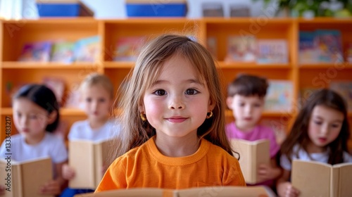 Happy Preschool Kids Reading Books in Classroom