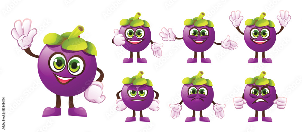Fototapeta premium Set of cartoon mangosteen characters with different facial expressions and hand gestures. Vector illustration