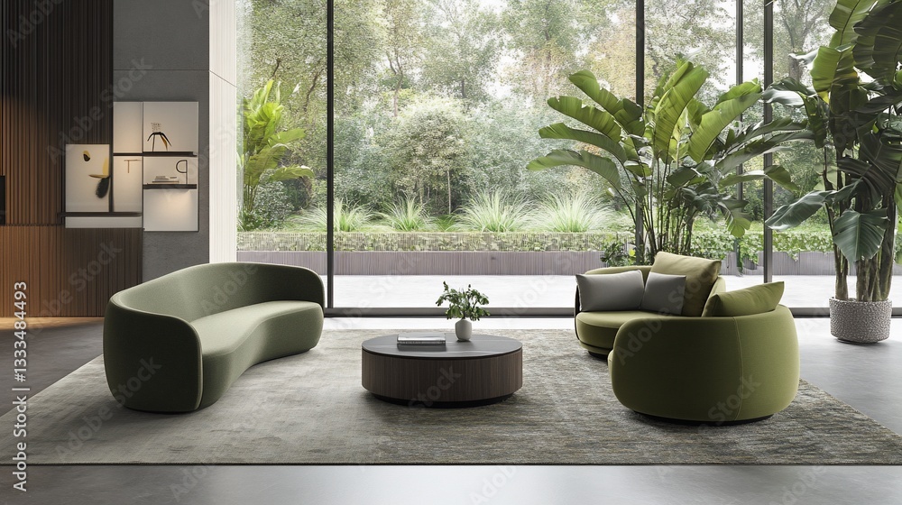 Interior design with curved green sofa and chairs in a modern living room, garden view Interior design with curved green sofa and chairs in a modern living room, garden view