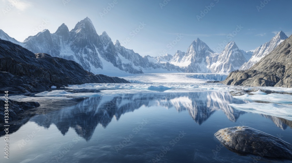 Majestic snow capped mountains reflect in a glacial lake Majestic snow capped mountains reflect in a glacial lake