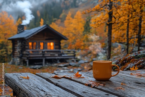 cozy mountain cabin surrounded by vibrant autumn foliage, with steaming cup on wooden table, evokes warmth and tranquility in nature