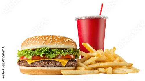 Delicious hamburger and crispy golden fries with a refreshing cold drink, the perfect meal