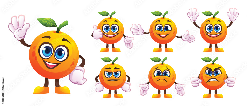 Set of cartoon orange characters with various facial expressions and gestures. Vector illustration Set of cartoon orange characters with various facial expressions and gestures. Vector illustration