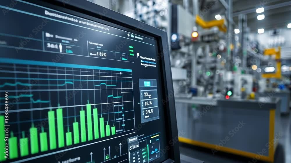 Close-up of a control panel displaying data in a modern factory. Close-up of a control panel displaying data in a modern factory.