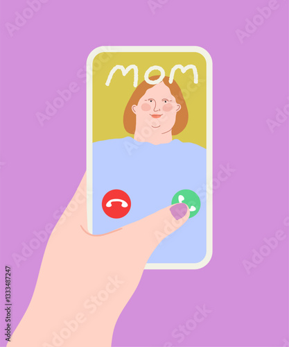 Calling mom on a mobile phone. Finger pressing call button.