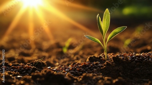 A delicate flaxseed sprout thrives under warm morning sunlight 