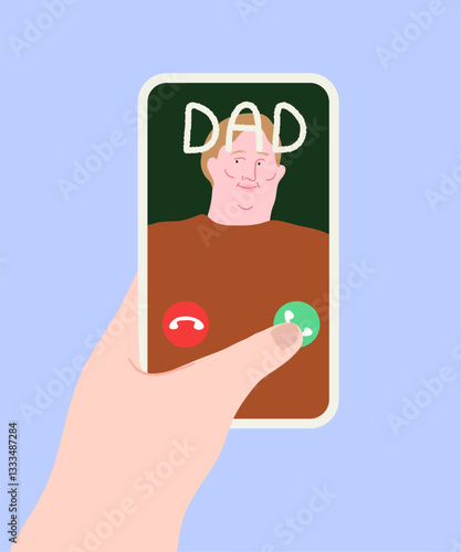 Calling dad on a mobile phone. Finger pressing call button.