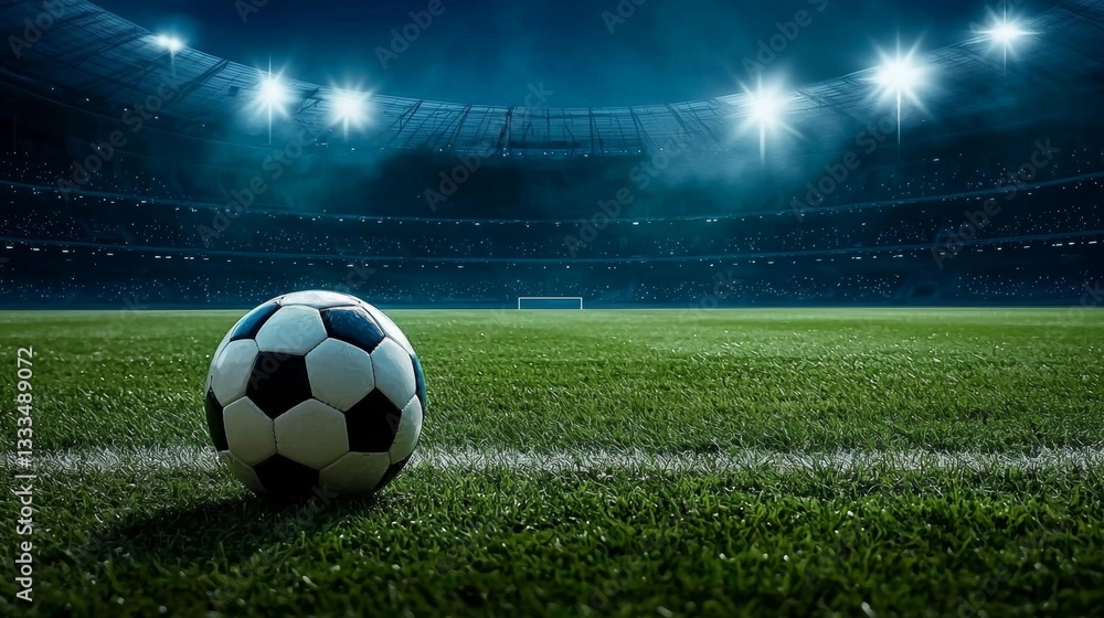 Obraz premium A vibrant illustration of a soccer field with a ball set in a stadium.