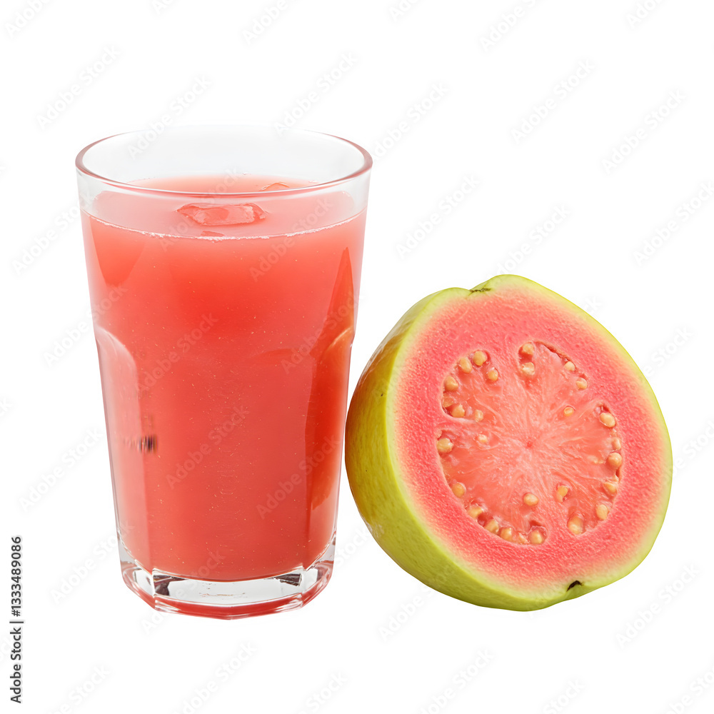 glass of fresh guava smoothie, a whole guava fruit with a green leaf is featured, all against a crisp white background. glass of fresh guava smoothie, a whole guava fruit with a green leaf is featured, all against a crisp white background.