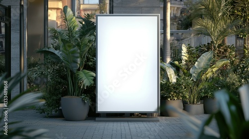 A template for a blank white outdoor advertising stand or sandwich board. A clear street signage board set among some potted plants. The background texture of a standee at the entrance of a shop or