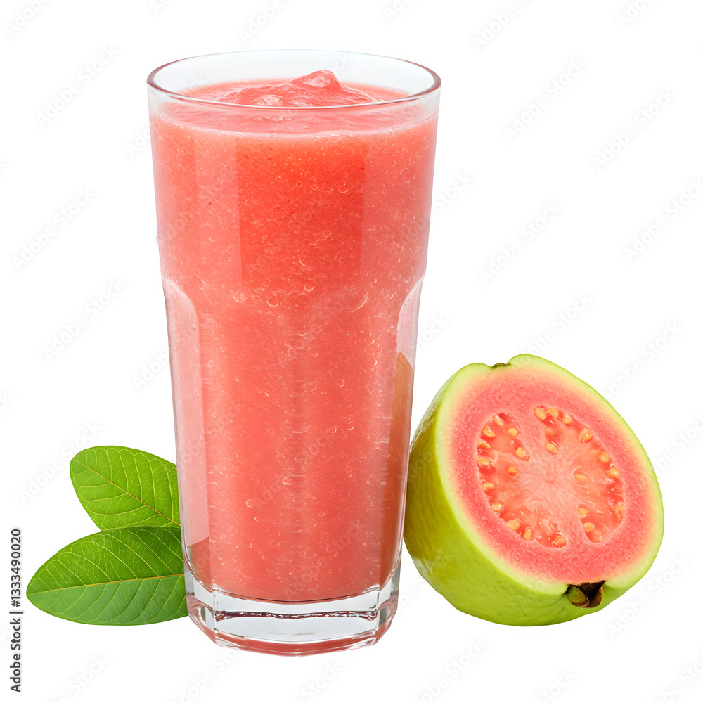 glass of fresh guava smoothie, a whole guava fruit with a green leaf is featured, all against a crisp white background. glass of fresh guava smoothie, a whole guava fruit with a green leaf is featured, all against a crisp white background.