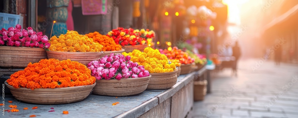 Fototapeta premium Vibrant flower baskets on street vendor stall illuminated by warm golden sunlight