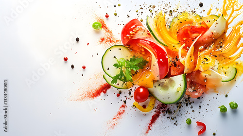 vibrant display of fresh vegetables, including sliced cucumbers, tomatoes, and bell peppers, artistically arranged with herbs and spices on white background