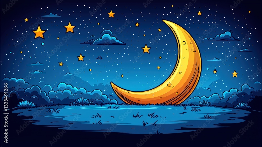 Naklejka premium Serene Night Sky with Crescent Moon and Twinkling Stars in a Dreamy Landscape Scene
