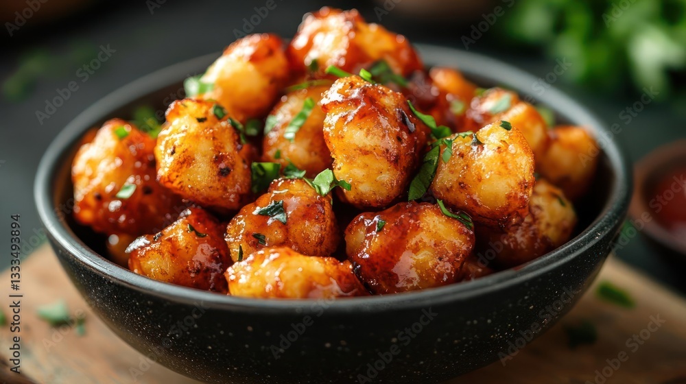 Bowl of fried food with sauce and herbs Bowl of fried food with sauce and herbs