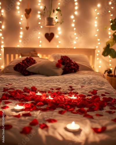 Romantic Bed Decorated with Rose Petals and Candles