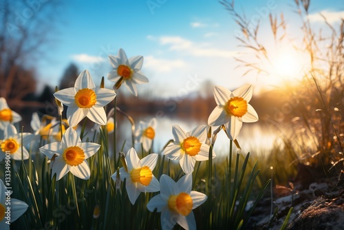  Vibrant yellow daffodils and white blossoms in a sunlit spring meadow with soft bokeh background. Ultra-sharp macro details and cinematic depth of field for nature illustrations, print media, or digi photo