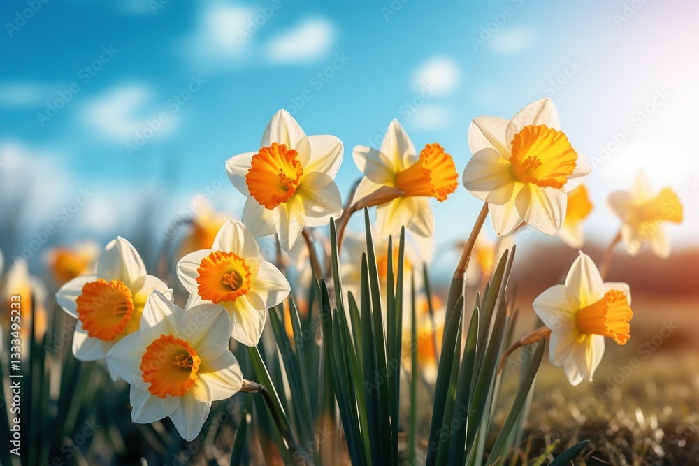Fototapeta premium Cinematic spring meadow with golden daffodils and delicate white blooms under clear blue sky. Volumetric lighting enhances soft bokeh and sharp focus, perfect for book covers, wallpaper designs, or na
