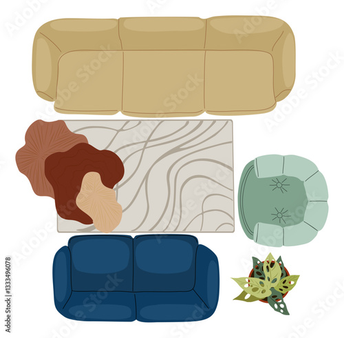 Overhead living room interior design. Sofa, armchairs, coffee table, carpet in home lounge. Furniture and house plant, above top view. Flat vector illustration isolated on transparent background