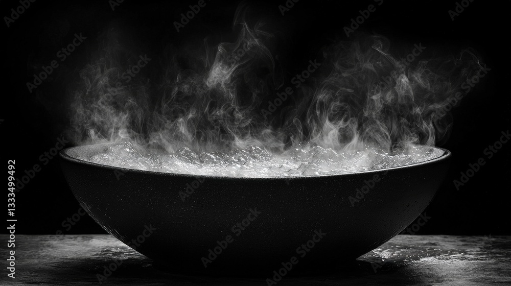 Steaming Bowl of Water with Mist Rising in Dramatic Black and White Contrast Background Steaming Bowl of Water with Mist Rising in Dramatic Black and White Contrast Background
