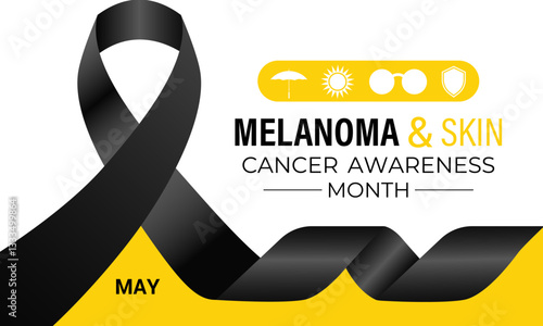 Vector graphic of Melanoma and skin cancer awareness month observed every year in May. This month is Promote sun safety practices to reduce the risk of skin cancer. Realistic Ribbon. Ultraviolet rays.