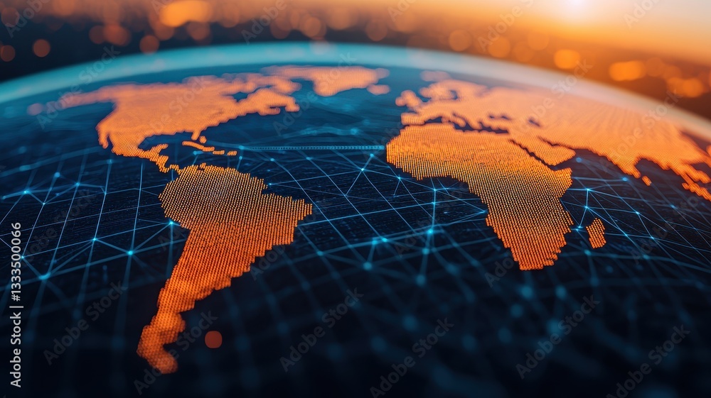A digital representation of Earth showcasing continents in orange against a dark background, highlighting global connectivity with a network design. A digital representation of Earth showcasing continents in orange against a dark background, highlighting global connectivity with a network design.