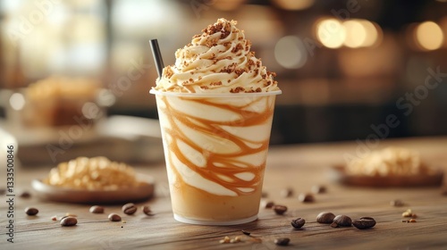 A caramel frappuccino with whipped cream and toppings.